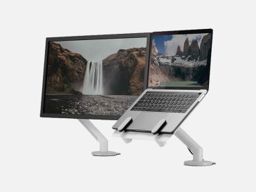 Single monitor arms with adjustable laptop stand