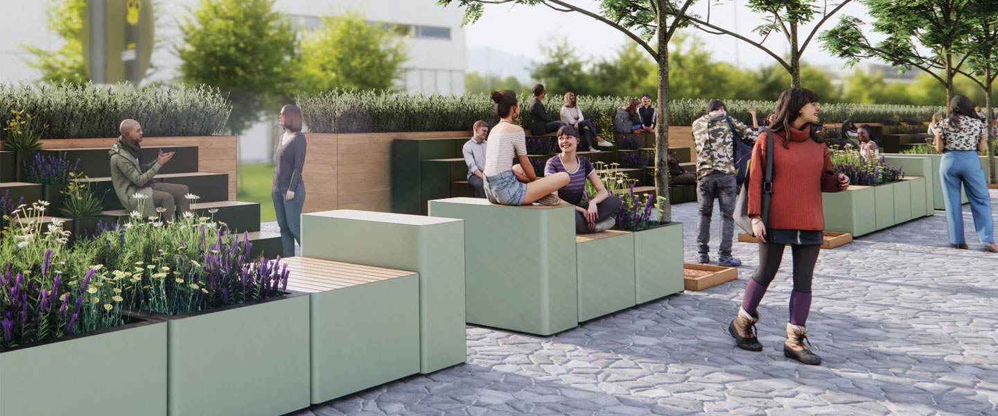 Commercial outdoor public seating and planters