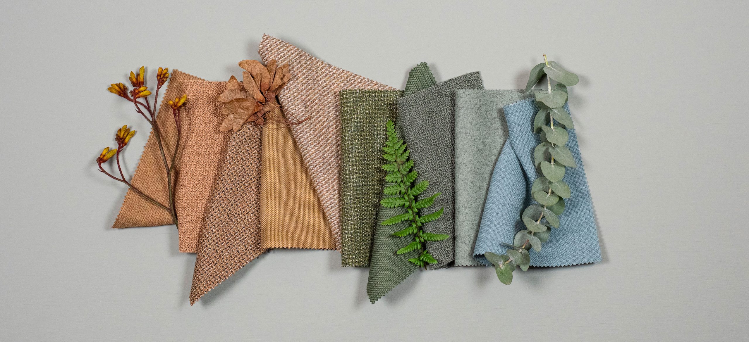 Natural Fabrics and moodboard with biophilic colour palette