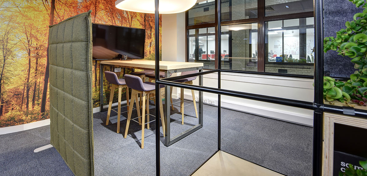 Office fit out with natural wood, raw steel, textured fabrics and mural