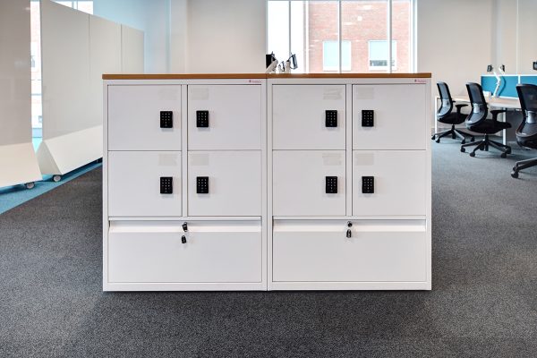 Office storage lockers with bottom drawer storage