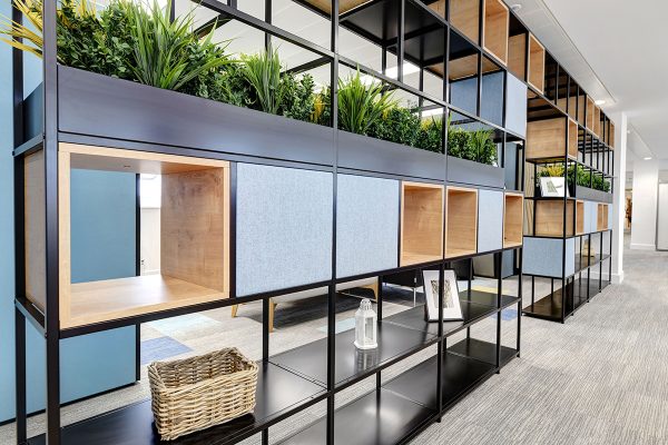 FlexiGrid Shelving with Planters, Cubbies & Acoustic Panels